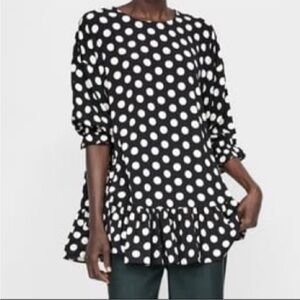 ZARA Oversized Polka Dot Black & White Ruffle Hem Tunic Blouse Top/ Mini Dress